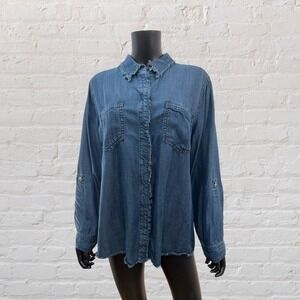Chico's Lyocell Denim Shirt Large Boho Chambray Frayed Top